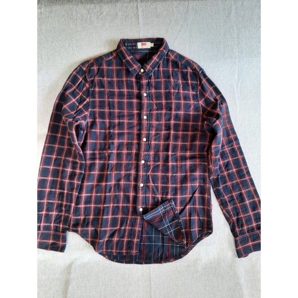 Levi's Men Small Plaid Collared Pear Snap Button Up Shirt Long Sleeve Red/Blue